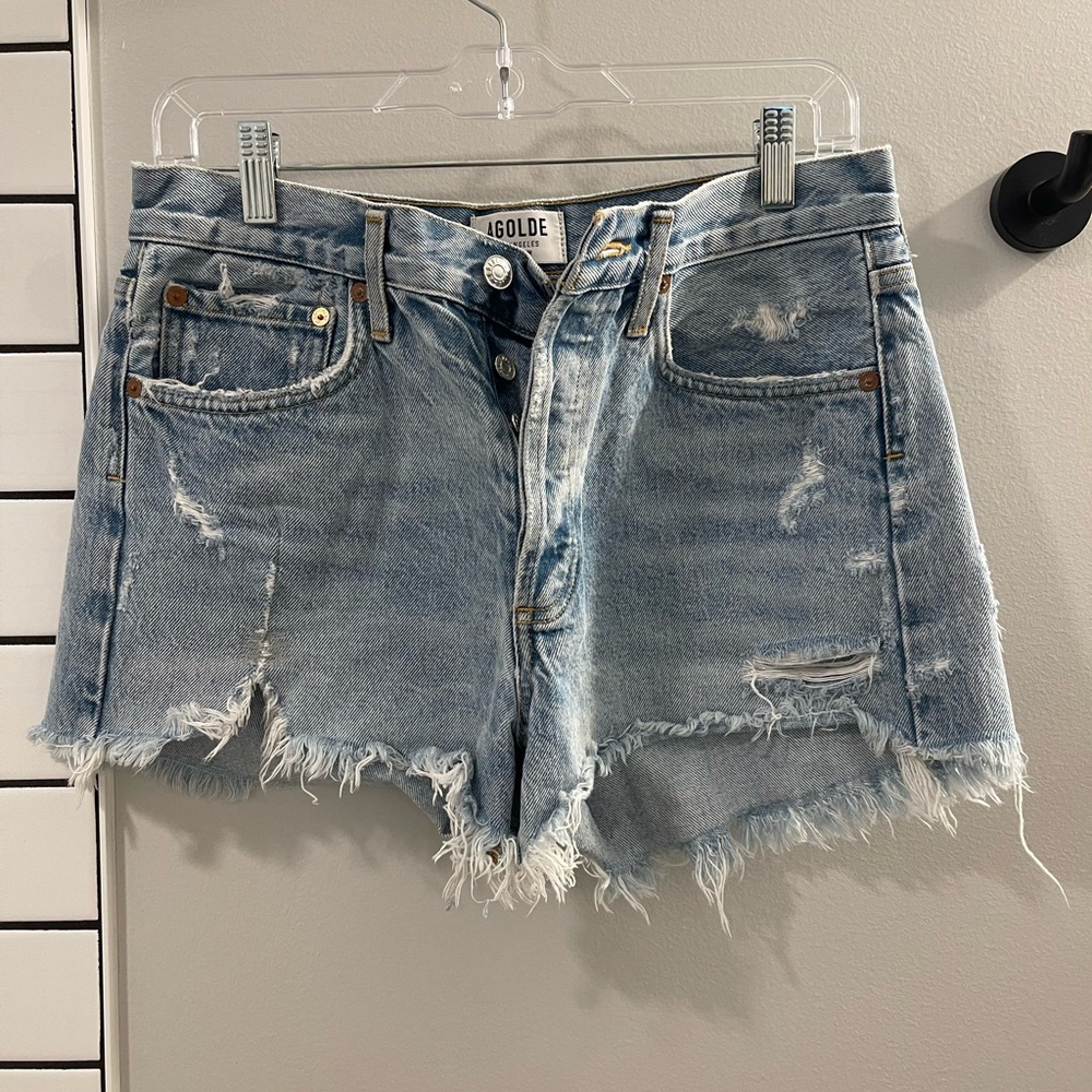 Agolde Frayed Hem Jean Shorts - Light Blue